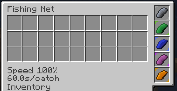 The Fishing Net interface fully upgraded: a large grid of catch slots, all five catalyst tiers filled, and a readout of 'Speed 100%, 60.0s/catch'.
