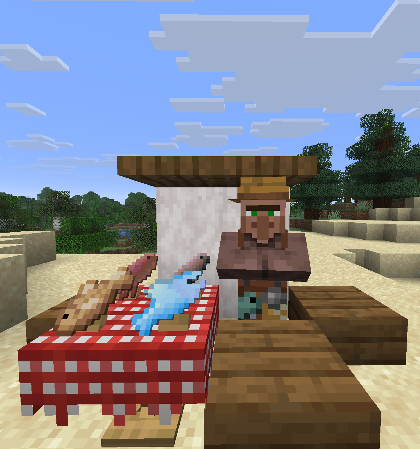 A fisherman villager beside a red-checkered Fish Trader table displaying four fish.